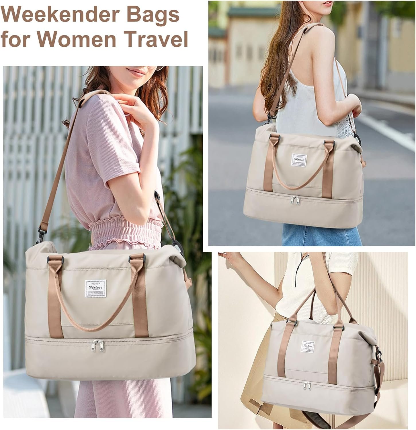 Weekender Bags for Women, Travel Duffel Bags with Shoe Compartment,Personal Item Travel Bag for Airlines, Carry on Overnight Tote Bag for Women with Toiletry Bag,Beige&Brown - Image 2