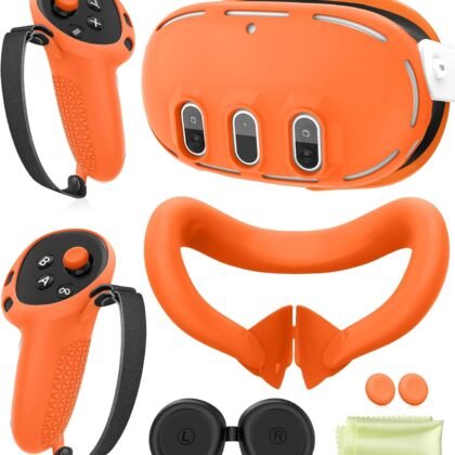 Silicone Cover Set Compatible with Meta Oculus/Quest 3, VR Accessories Protective Cover Includes Controller Grips, Front Shell Headset Cover and Face Cover, Not Fit Quest 3S (Orange)