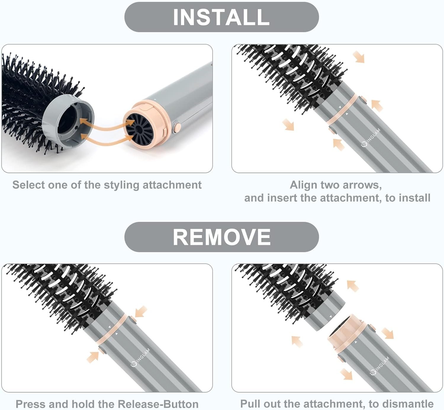 IG INGLAM MegaAIR Styler Air Styling & Drying System, Professional Interchange Hair Dryer Brush 110,000 RPM Brushless BLDC Motor Ionic Hot Air Volumizing and Shape, Gray - Image 8