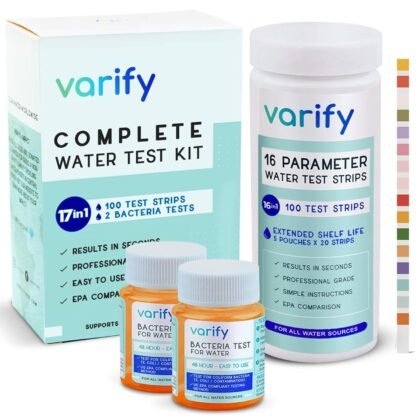 Varify 17in1 Complete Drinking Water Test Kit - 100 Strips + 2 Bacteria Tester Kits - Well, Tap, Home, City Water Testing Strip for Lead, Alkaline, Chlorine, Hardness, Iron, Fluoride, Copper & More