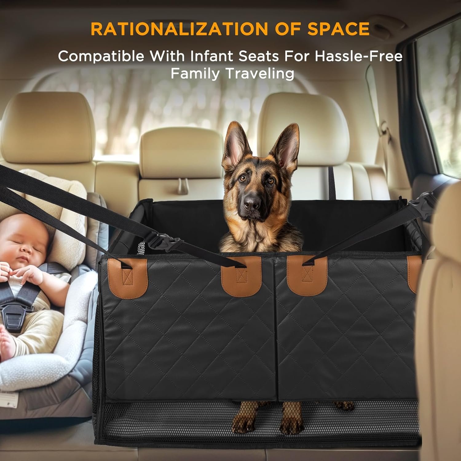 Back Seat Extender for Dogs,Hard Bottom Dog Car Seat Cover for Back Seat Holds 400lbs,Waterproof Anti-Scratch PU Leather Backseat Extender for Dogs,Dog Hammock for Car SUV Truck - Image 2