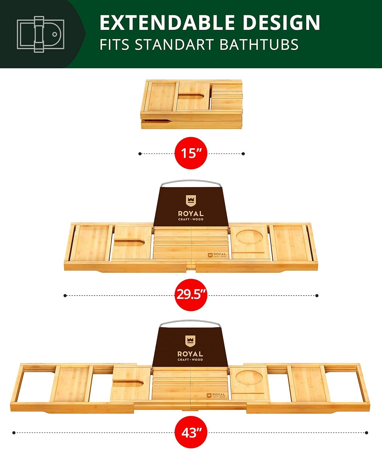 ROYAL CRAFT WOOD Bathtub Tray Caddy for Tub, Bamboo Bath Shelf, Premium Foldable Wood Bath Table, Expandable Bathtub & Bathroom Accessories, New Home Gifts for Mom, Housewarming, Anniversary, Wedding - Image 6