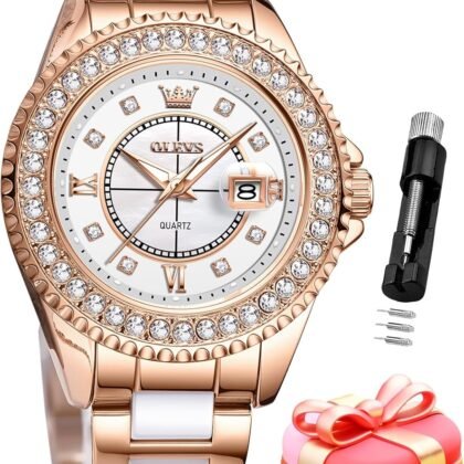 OLEVS Watches for Women Diamond with Date Luxury Leather Female Waterproof Women Wrist Watch Analog Dress Stainless Steel Ladies Watch Luminous Calendar Women Watch Green/Silver/Red Dial