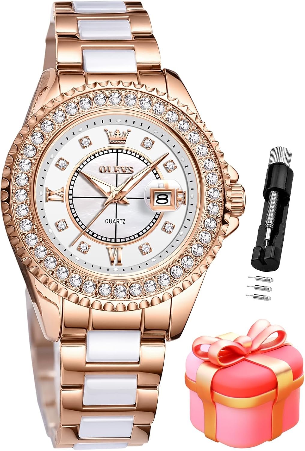 OLEVS Watches for Women Diamond with Date Luxury Leather Female Waterproof Women Wrist Watch Analog Dress Stainless Steel Ladies Watch Luminous Calendar Women Watch Green/Silver/Red Dial