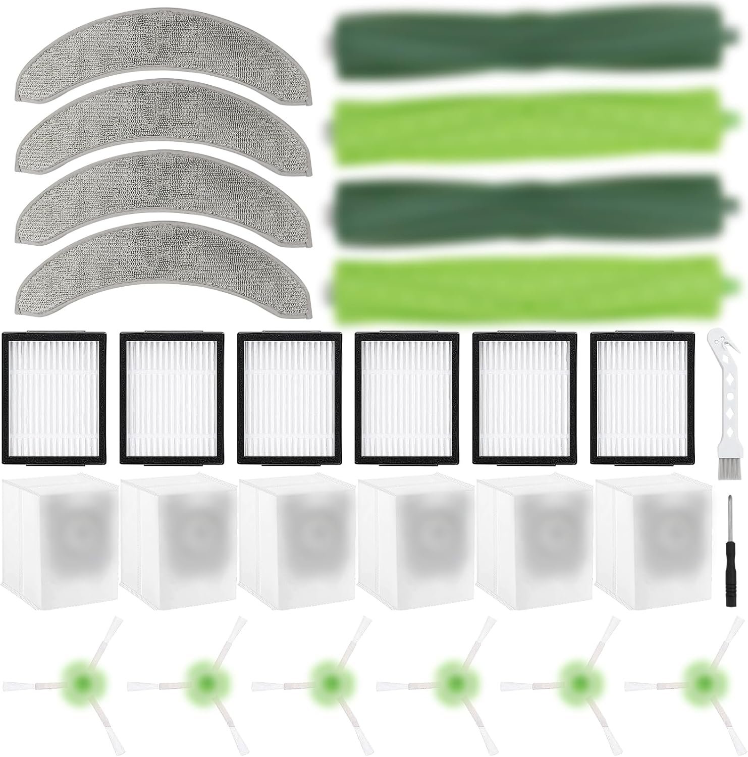 24 Pack Replacement Parts Compatible with iRobot Roomba Combo j7+/Plus Robot Vacuum Cleaner, 2 sets of multi-surface rubber roller brush 6 filters 6 side brushes 6 vacuum bags 4 Mopping Pad