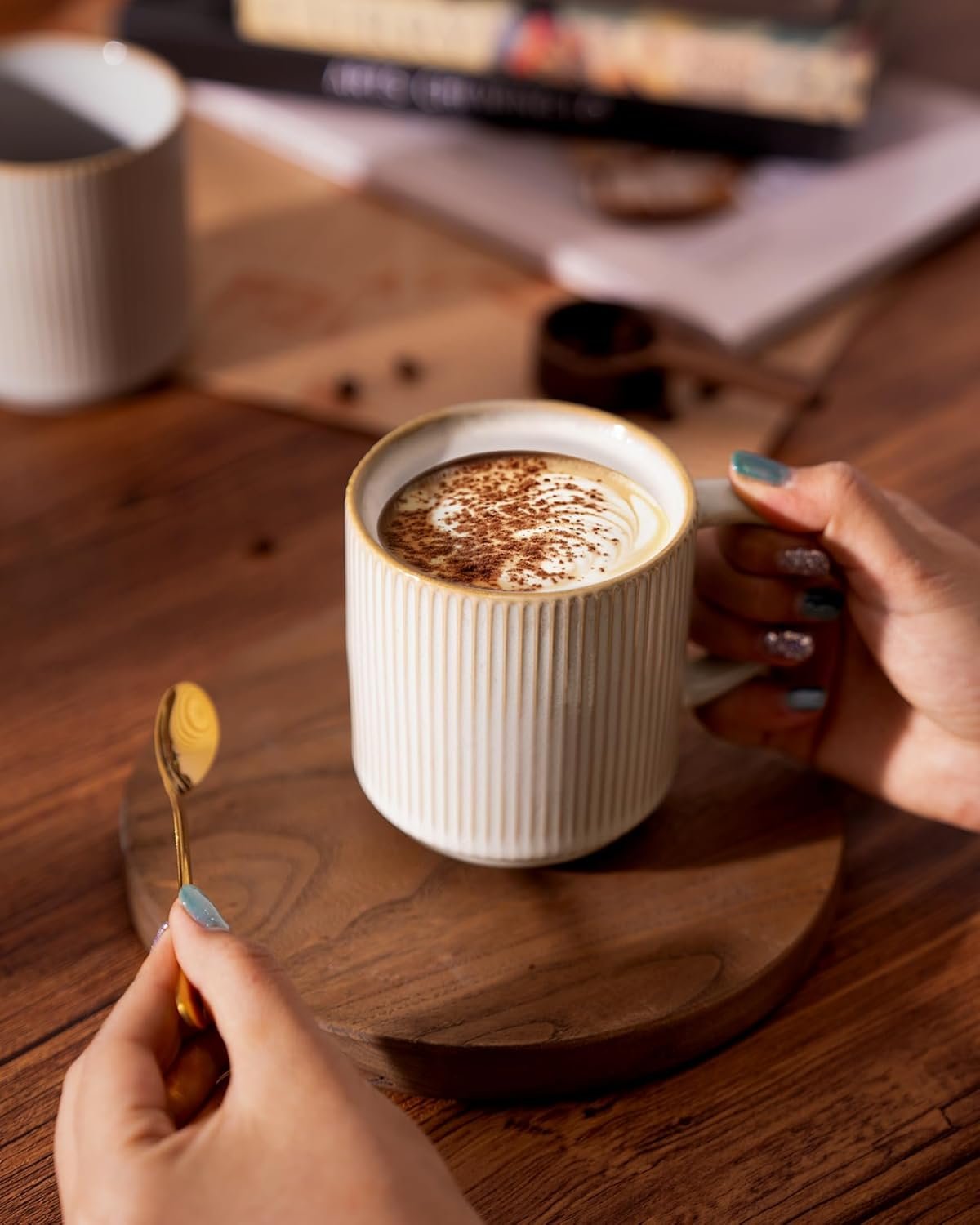 famiware Coffee Mug Set for 4, Star 12 oz Catering Mugs Cup Set with Handle for Coffee, Tea, Cocoa, Milk - Ceramic Stoneware Drinkware Set, Cappuccino White - Image 4