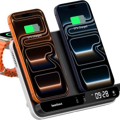 Dual Phone Charger, SwanScout 710A, Wireless Charger for iPhone 17/16/15/14/13/12/11/8/X Series, for Apple Watch 11/10/9/8/7/6, Ultra 3/SE 3, for AirPods Pro 3/4/Pro 2/Pro/3