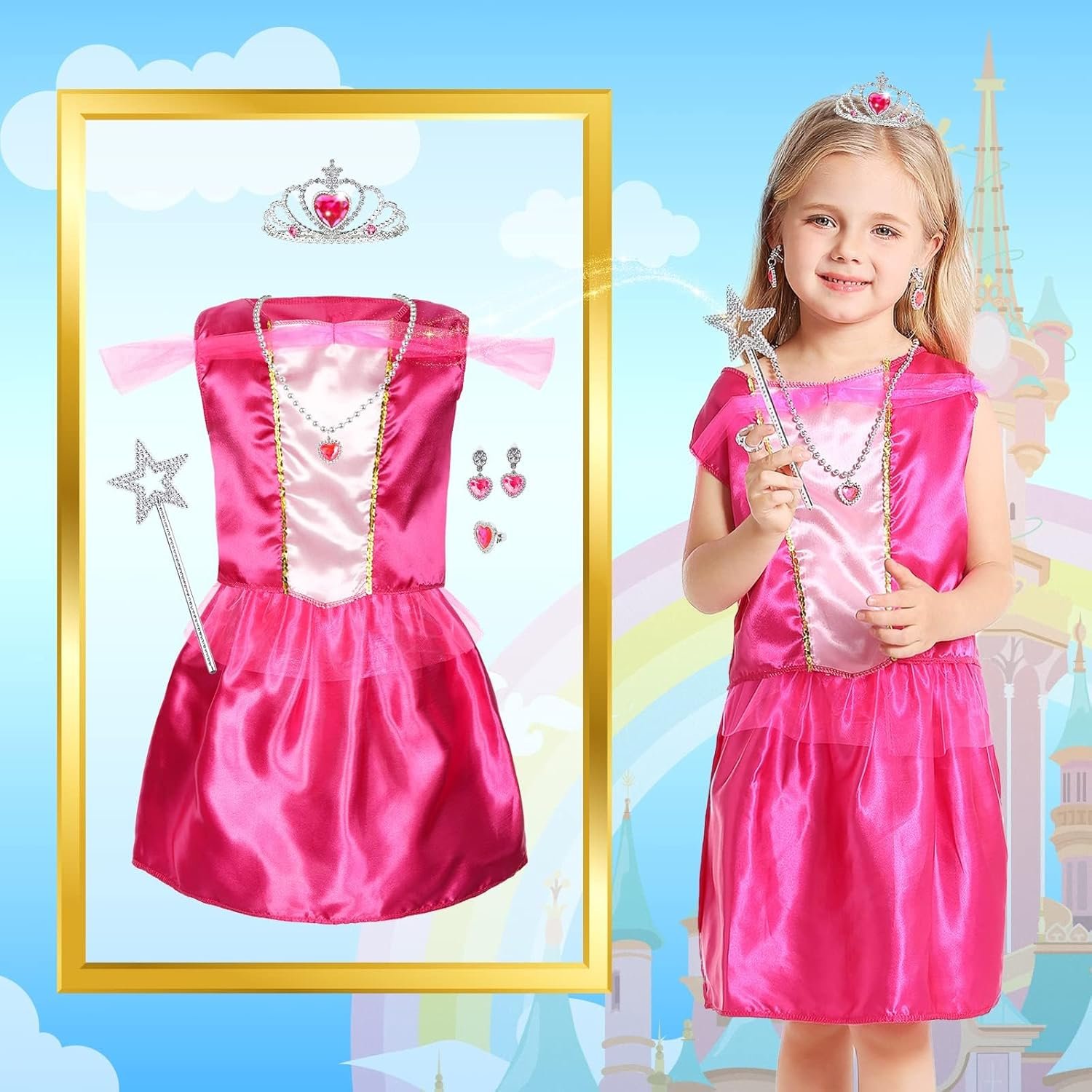 SOLIEHOO Girls Princess Dress Up Trunk, Pretend Play Costumes Princess Role Play Set 15pcs Girls Dress up Clothes for Toddler Age 3 4 5 6 Years with 4 Tops,4 Princess Dresses Crown Necklaces - Image 3