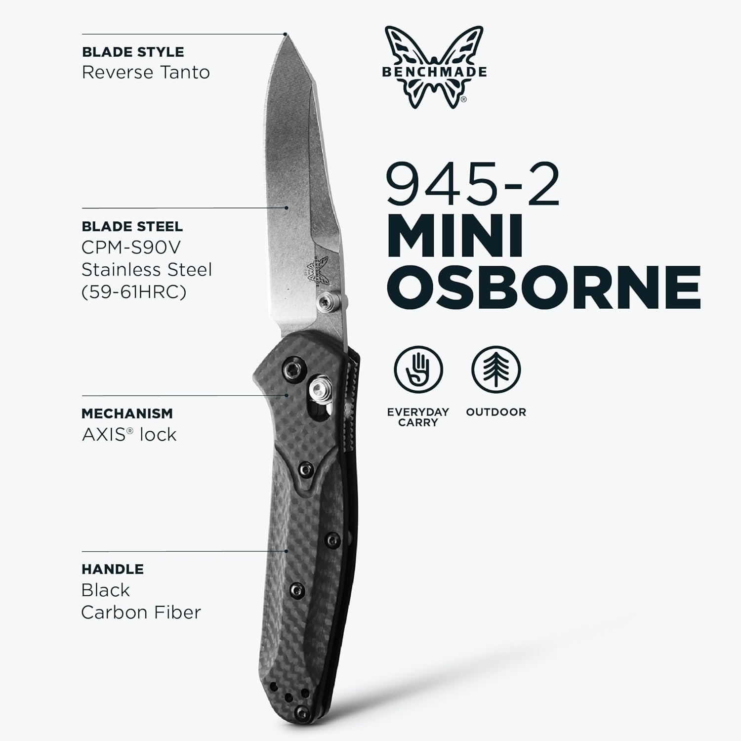 Benchmade - Mini Osborne, Every Day, Outdoor, Folding Knife, Reverse Tanto Blade with Black Carbon Fiber Handle (945-2) - Image 2