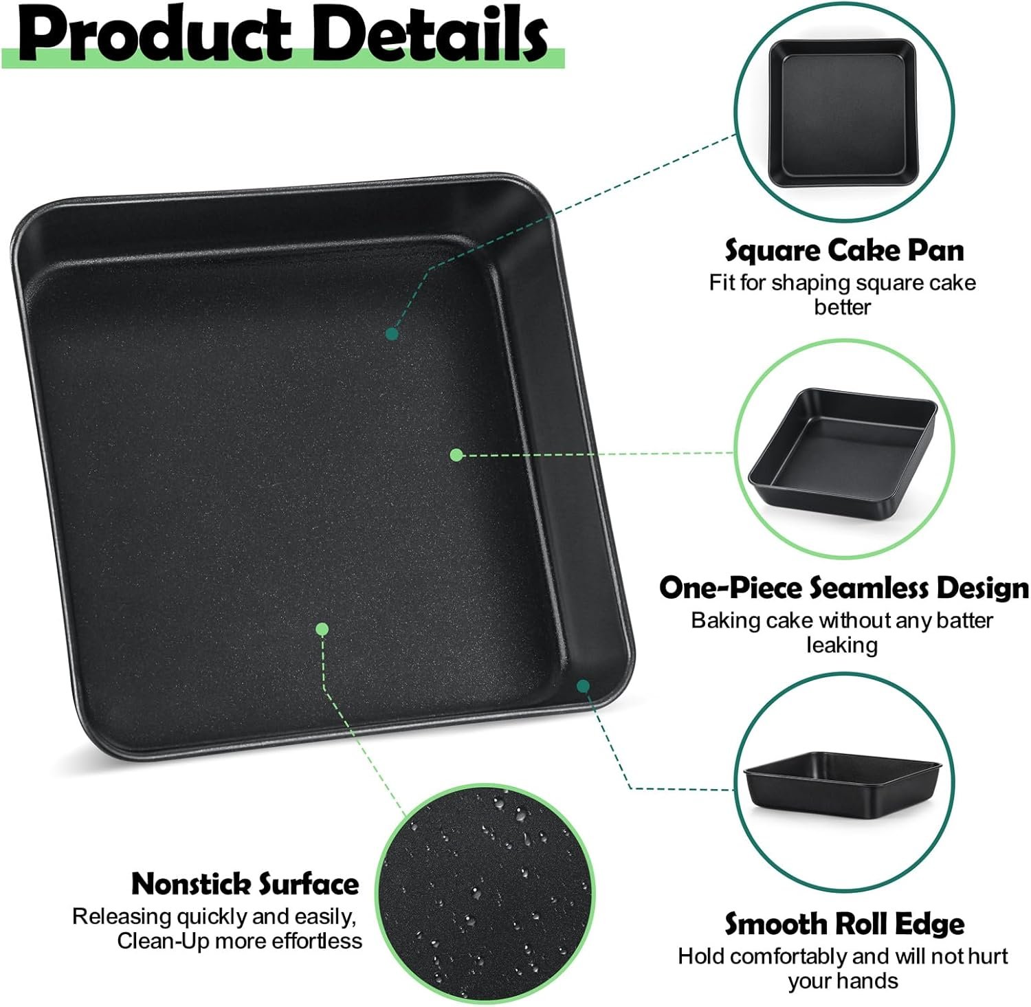 TeamFar Non-Stick Square Cake Pan, 9 Inch Square Baking Roasting Pan for Oven, with Stainless Steel Core for Cooking Cake Brownie Lasagna, Non-Toxic & Heavy-Duty, Release & Clean Easily - Image 3