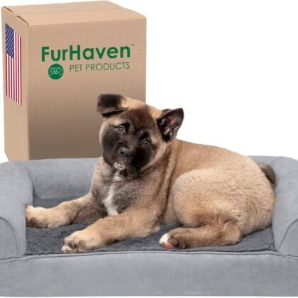 Furhaven Memory Foam Dog Bed for Medium/Small Dogs w/ Removable Bolsters & Washable Cover, For Dogs Up to 35 lbs - Plush & Suede Sofa - Gray, Medium