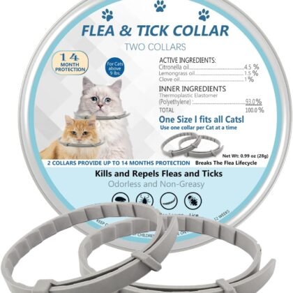 Flea and Tick Collar for Cats, 2 Pack Flea Collar for Cats, Offers 12 Months Protection, Waterproof, Adjustable, One Size Fits All Cat