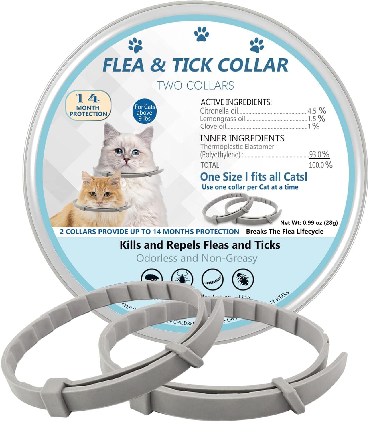 Flea and Tick Collar for Cats, 2 Pack Flea Collar for Cats, Offers 12 Months Protection, Waterproof, Adjustable, One Size Fits All Cat