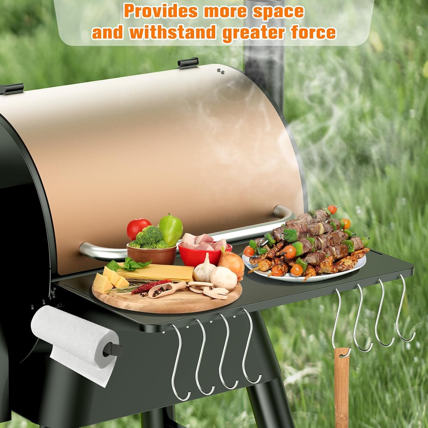 Folding Shelf for Traeger Pellet Grills, BAC362 Pellet Front Shelf with Hooks and Paper Towel Holder for Traeger Pro 22, Pro 575, Eastwood 22, Ironwood 650 and Century 22 Series Pellet Grill - Image 4