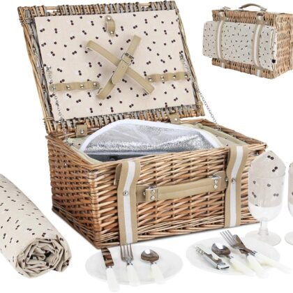Willow Picnic Basket Set for 2 Persons with Large Insulated Cooler Bag and Waterproof Picnic Blanket, Wicker Picnic Hamper for Camping,Outdoor,Birthday