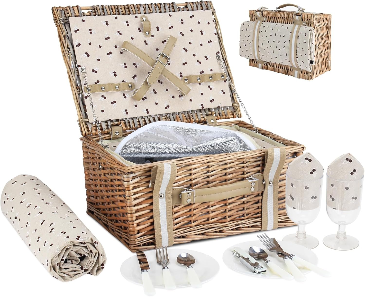 Willow Picnic Basket Set for 2 Persons with Large Insulated Cooler Bag and Waterproof Picnic Blanket, Wicker Picnic Hamper for Camping,Outdoor,Birthday