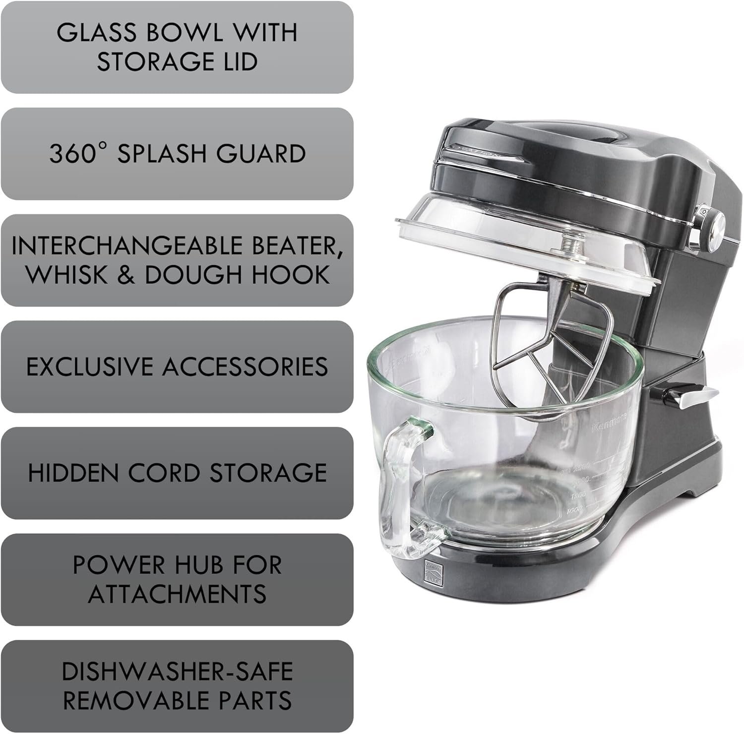 Kenmore 500W Oviation Stand Mixer - 10 Speed Mixing, Tilt-Head, Handheld Glass Bowl With Pouring Top Splash Guard, Flat Beater, Whisk, Dough Hook Attachments Countertop Kitchen Appliance, 5QT Grey - Image 4
