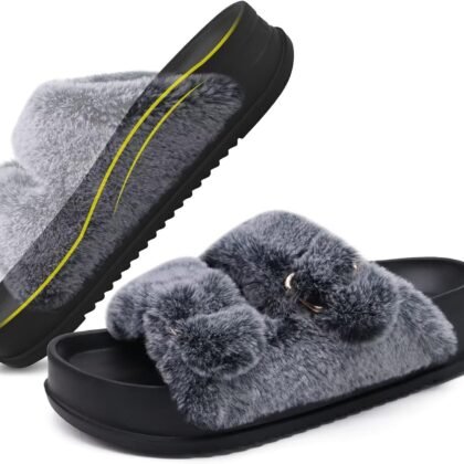 KuaiLu Women's Fluff Slippers Black Size 8, Plantar Fasciitis Arch Support Platform Slippers Ladies Fashion Open Toe Faux Fur Sliders House Slipper