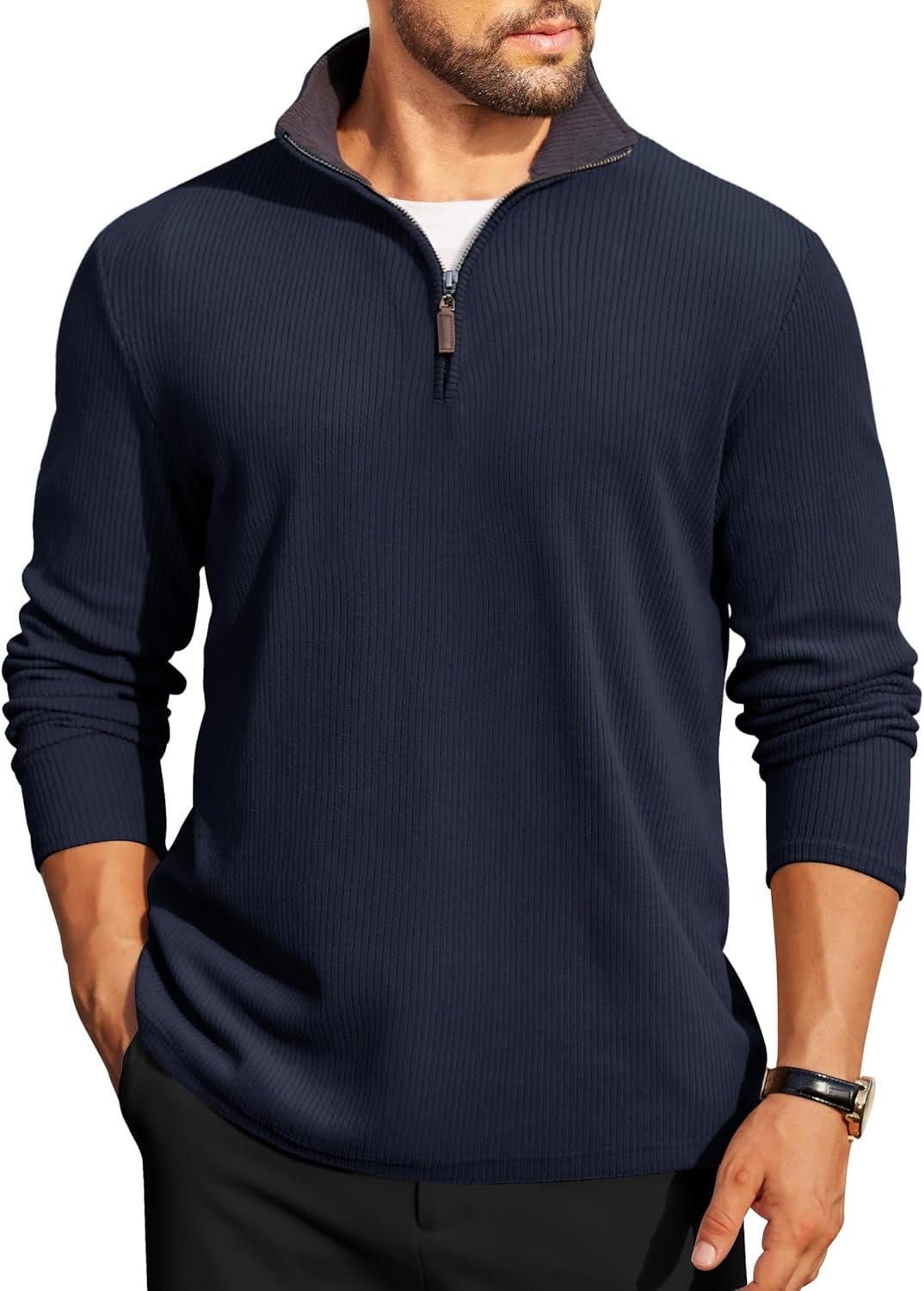 COOFANDY Mens Quarter Zip Pullover Lightweight Sweater Casual Long Sleeve Corduroy Half Zip Sweatshirt