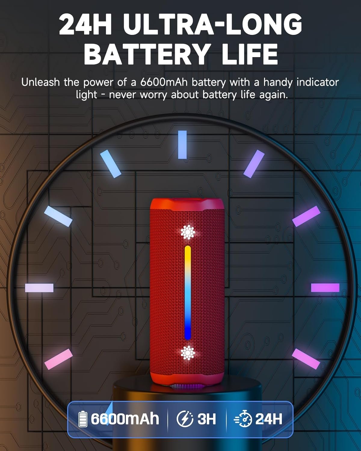 OHAYO Bluetooth Speaker, Portable Wireless, IPX7 Waterproof, Powerful 25W Sound, 24H Playtime, Dual Pairing, Active Bass, Colorful Lights, Bluetooth 5.3, Outdoor Speakers for Home/Party/Beach, Red - Image 5