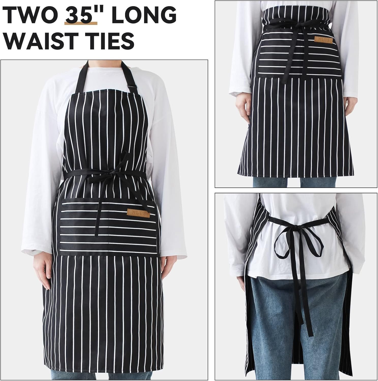 NLUS 2 Pack Kitchen Cooking Aprons, Adjustable Bib Soft Chef Apron with 2 Pockets for Men Women(Black/Brown Stripes) - Image 5
