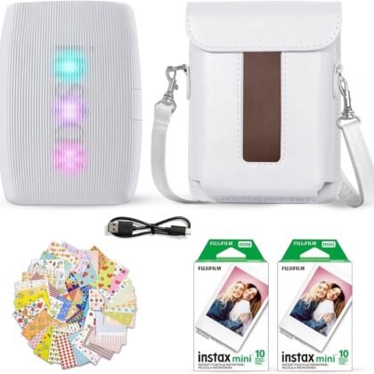 Fujifilm Instax Mini Link 3 Smartphone Printer Clay White + Fuji Film Value Pack (20 Sheets)+ Shutter Accessories Bundle, Incl. Protective Case, 20 Sticker Frames, USB Type C Cable