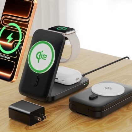 Qi2 [Certified] 3 in 1 Charging Station Compatible with Apple MagSafe,Magnetic 15W Foldable Fast Wireless Charging Stand for iPhone 17/16/15/14/13/12, iWatch 11 Air-Pods Charger(with 30W PD Adapter)