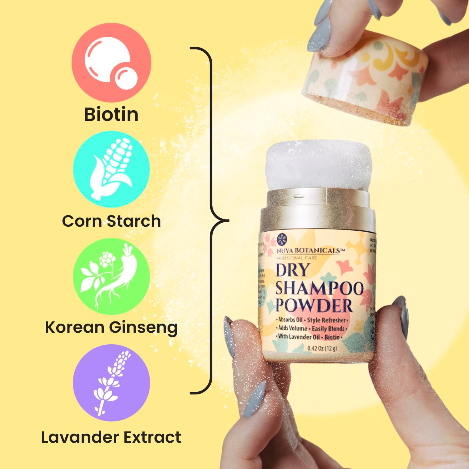 Nuva Botanicals Non Aerosol Dry Shampoo Powder with Biotin - Lavender Extract and Korean Ginseng - Volumizing Travel Size (0.42 oz) - Gifts for Her - Image 3