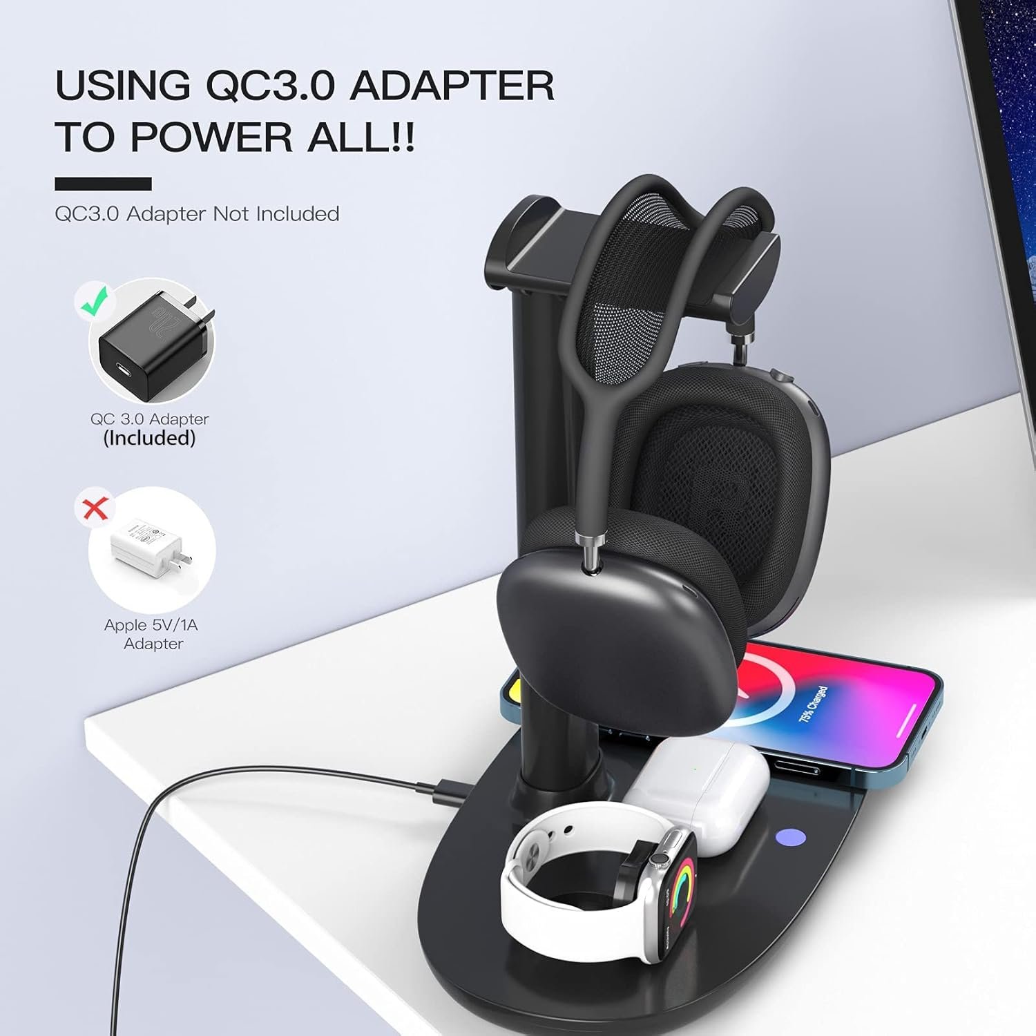 Headphone Stand with 15w Wireless Charger, Suguder 4 in 1 Charging Station Headset Holder for AirPods Max/Pro/4/3/2 iWatch 10/9/8/7/6/5/4/3/2/1/SE iPhone 17/16/15/14/13/12/11/X for Desktop Table Game - Image 6