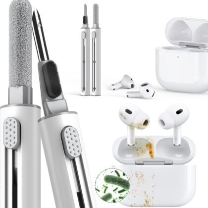Inesore Cleaner Kit for Airpods Pro 3 2 1 Series,Multi-Function Cleaning Pen Tool for Earbuds Headphone iPhone Speaker Receiver Electronic Electronic Devices,with Soft Brush Flocking Sponge -White