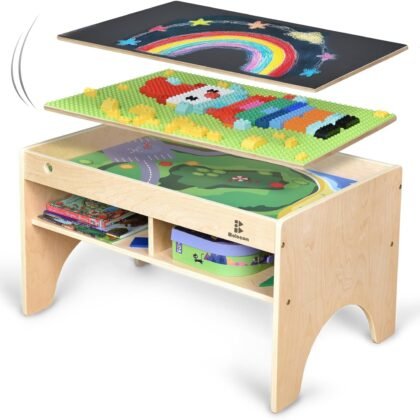 Kids 3-in-1 Wooden Art & Activity Table Playset Furniture with 4 Compartments for Storage, Play Table Compatible with Blocks&Bricks and Train Set for Preschool Toddler Boy & Girl (STD.)