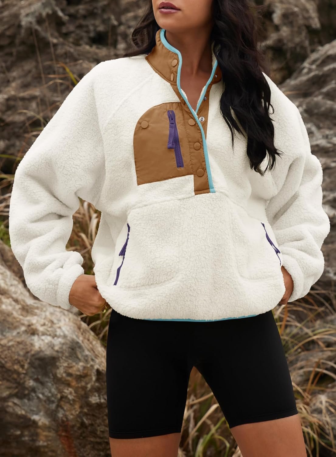 Yanekop Womens Fuzzy Fleece Pullover Sherpa Sweatshirt Long Sleeve Button Down Sweater Winter Fleece Jacket with Pockets - Image 5