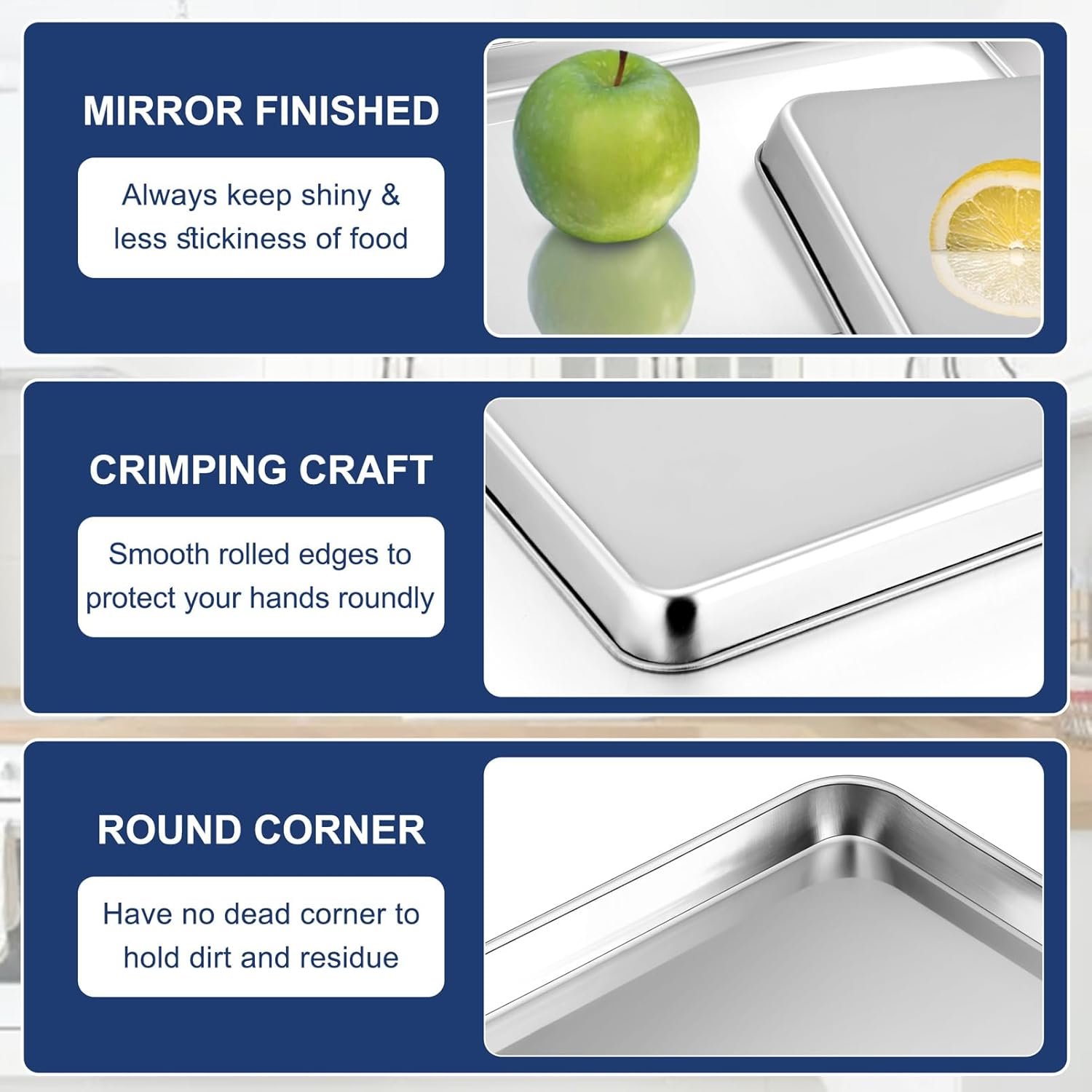 P&P CHEF 12.5 Inch Baking Cookie Sheet, Oven Pan Tray Stainless Steel Sheet Pan for Kitchen, Oven Bakeware for Multi Uses, Shiny Look & Dishwasher Safe, Healthy & Heavy Duty, 2Pcs - Image 3