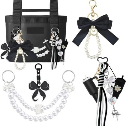 8PCS Tote Bag Decor Kit, Decorative Bow & Pom Pom Accessories, Compatible with YETI Camino 20/35/50 Carryall, Bogg Beach Tote Bags(Black)