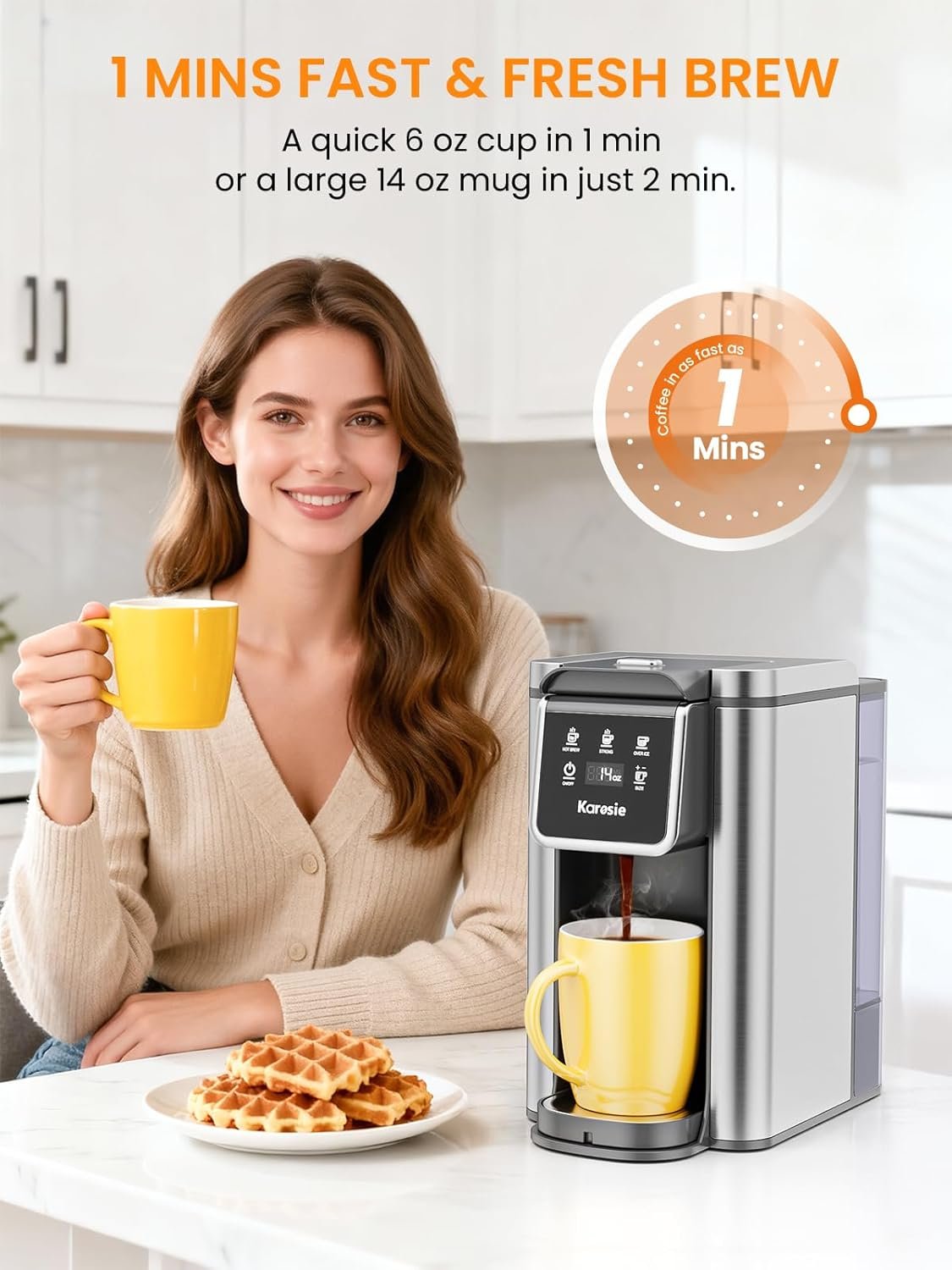 Karosie K Cup Coffee Maker with Strong Brew Setting, 50oz Removable Tank, 6-14 oz Brew Sizes Hot & Iced Coffee Machine for K-Cup and Grounds, Descaling Reminder, Stainless Steel,Black - Image 4