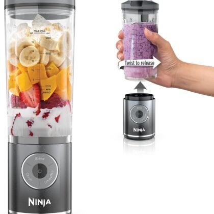 Ninja Blast Max, Portable & Personal Blender + Twist & Go, Smoothie, Blend, Ice Crush, 3 Programs, Cordless, 22 oz removable Vessel, Dishwasher Safe, Leakproof, Grey, BC251GY