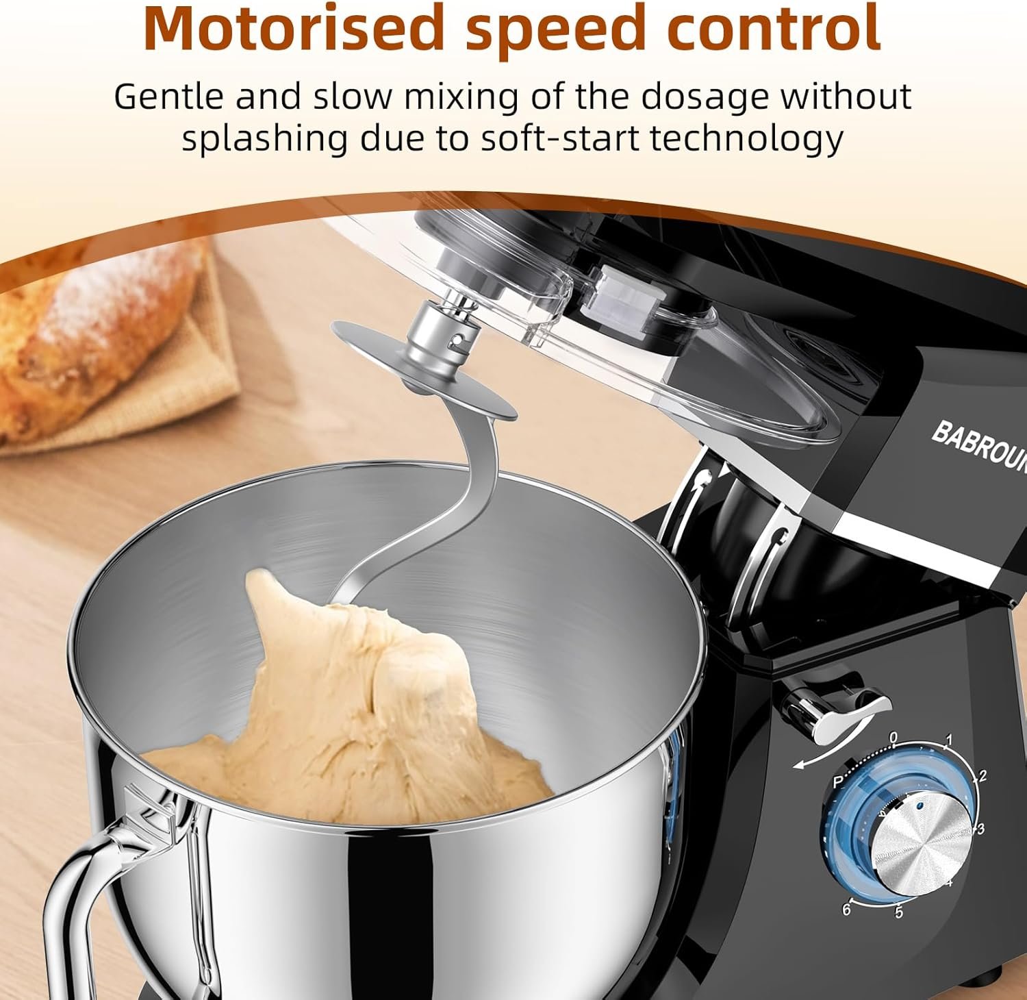 Dough Mixer 8.45 QT Electric Mixer - 660W 6 Speed Large Capacity Kitchen Stand Mixer with Whisk Dough Hook Mixing Beater Household Food Mixer for Baking Cakes Cookie Bread Salad - Image 6