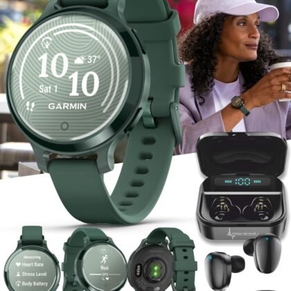 Wearable4U Garmin Lily 2 Active, Jasper Green with Jasper Green Silicone Band, Smartwatch, Built-in GPS, Hidden Display, Patterned Lens, Up to 9 Days Battery Life w Black Earbuds Bundle