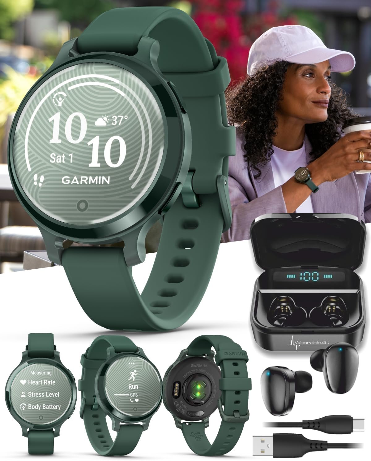Wearable4U Garmin Lily 2 Active, Jasper Green with Jasper Green Silicone Band, Smartwatch, Built-in GPS, Hidden Display, Patterned Lens, Up to 9 Days Battery Life w Black Earbuds Bundle