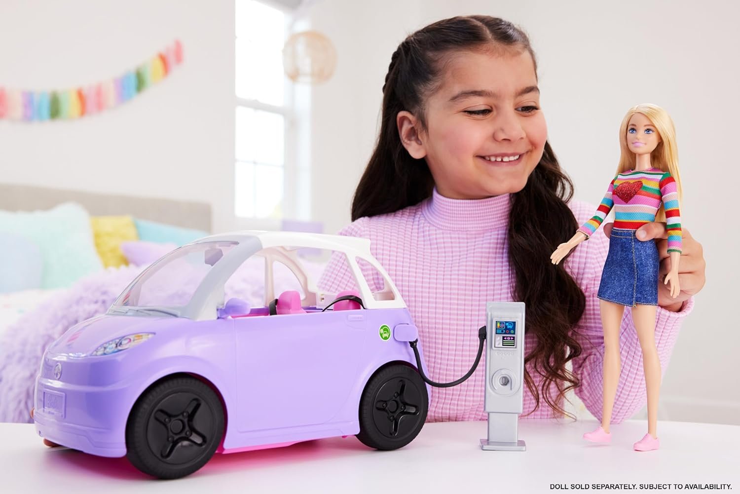 Barbie Doll Accessories, Toy Car Electric Vehicle with Charging Station, Plug & Sunroof, Purple 2-Seater Transforms into Convertible - Image 2