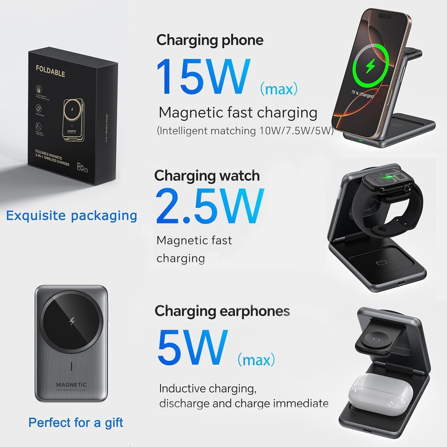 3 in 1 Wireless Charging Station for Apple Devices,Portable Foldable Magnetic Multiple Fast Charger Stand,Wireless Charger MagSafe for iPhone 17 16 15 14 13 12 11 Pro Max Air Plus/Apple Watch/Airpods - Image 5