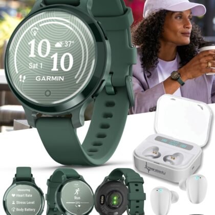 Wearable4U Garmin Lily 2 Active, Jasper Green with Jasper Green Silicone Band, Smartwatch, Built-in GPS, Hidden Display, Patterned Lens, Up to 9 Days Battery Life w White Earbuds Bundle