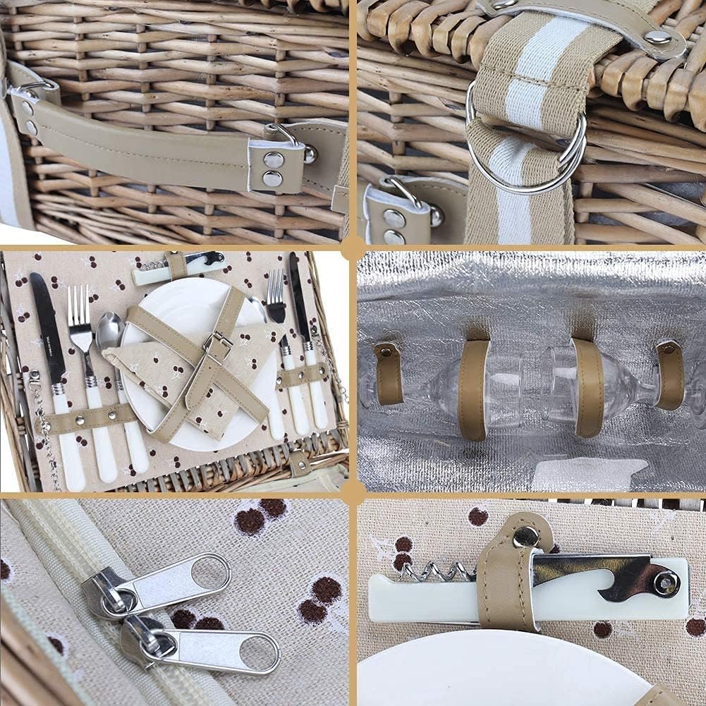 Willow Picnic Basket Set for 2 Persons with Large Insulated Cooler Bag and Waterproof Picnic Blanket, Wicker Picnic Hamper for Camping,Outdoor,Birthday - Image 5