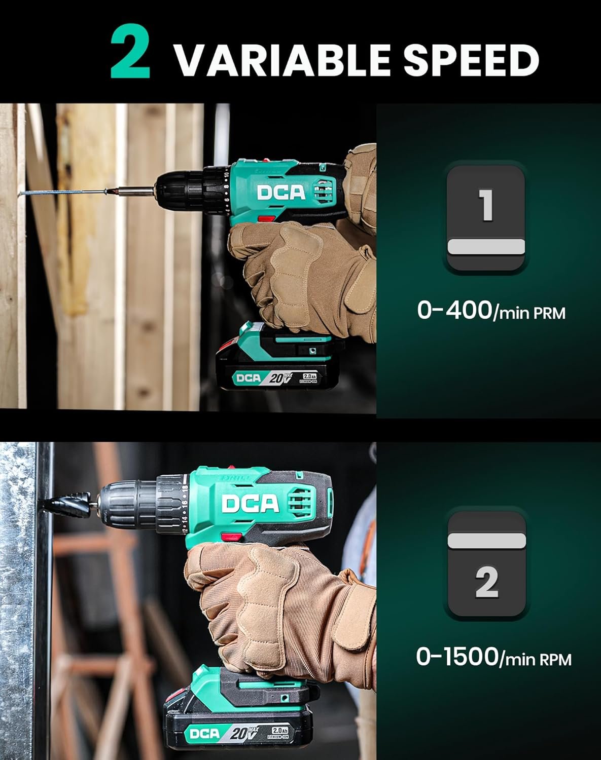 DCA Cordless Drill Set, 354 in-lbs Torque, 3/8" Keyless Chuck, Electric Power Drill with 2.0Ah Battery and Charger,18+1 Position,25-Piece 20V Drill Driver Kit, ADJZ2035 - Image 4