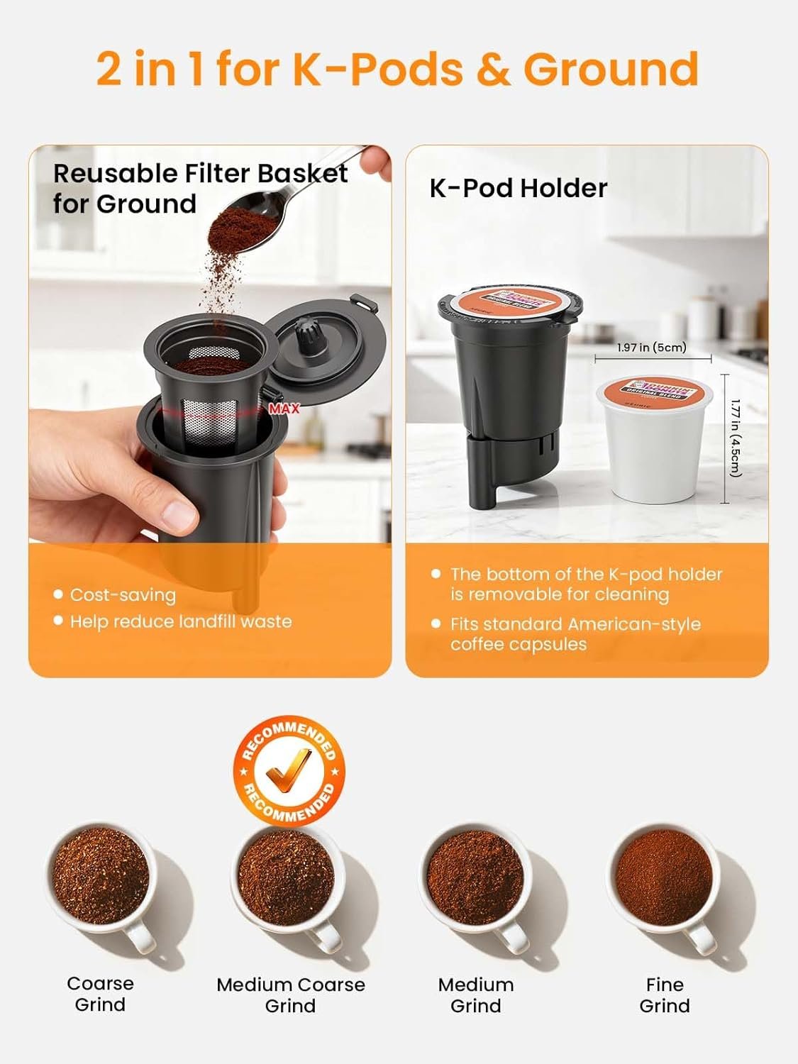 Karosie K Cup Coffee Maker with Strong Brew Setting, 50oz Removable Tank, 6-14 oz Brew Sizes Hot & Iced Coffee Machine for K-Cup and Grounds, Descaling Reminder, Stainless Steel,Black - Image 3