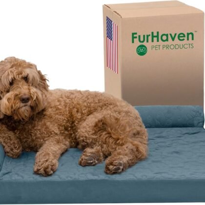 Furhaven Orthopedic Dog Bed for Large/Medium Dogs w/ Removable Bolsters & Washable Cover, For Dogs Up to 55 lbs - Pinsonic Quilted Paw L Shaped Chaise - Bluestone, Large