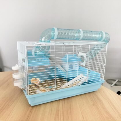 Tfwadmx Dwarf Hamster Cage Small Hamster Habitat Mouse Home Small Animal Cage with Tube Exercise Wheel Hut Rat Habitat for Gerbils Mice 18.5“x11.8”x11.8“ Blue