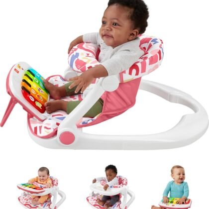 Fisher-Price Portable Baby Chair, Pink Kick & Play Deluxe Sit-Me-Up Seat with Piano Learning Toy & Snack Tray for Infants to Toddlers