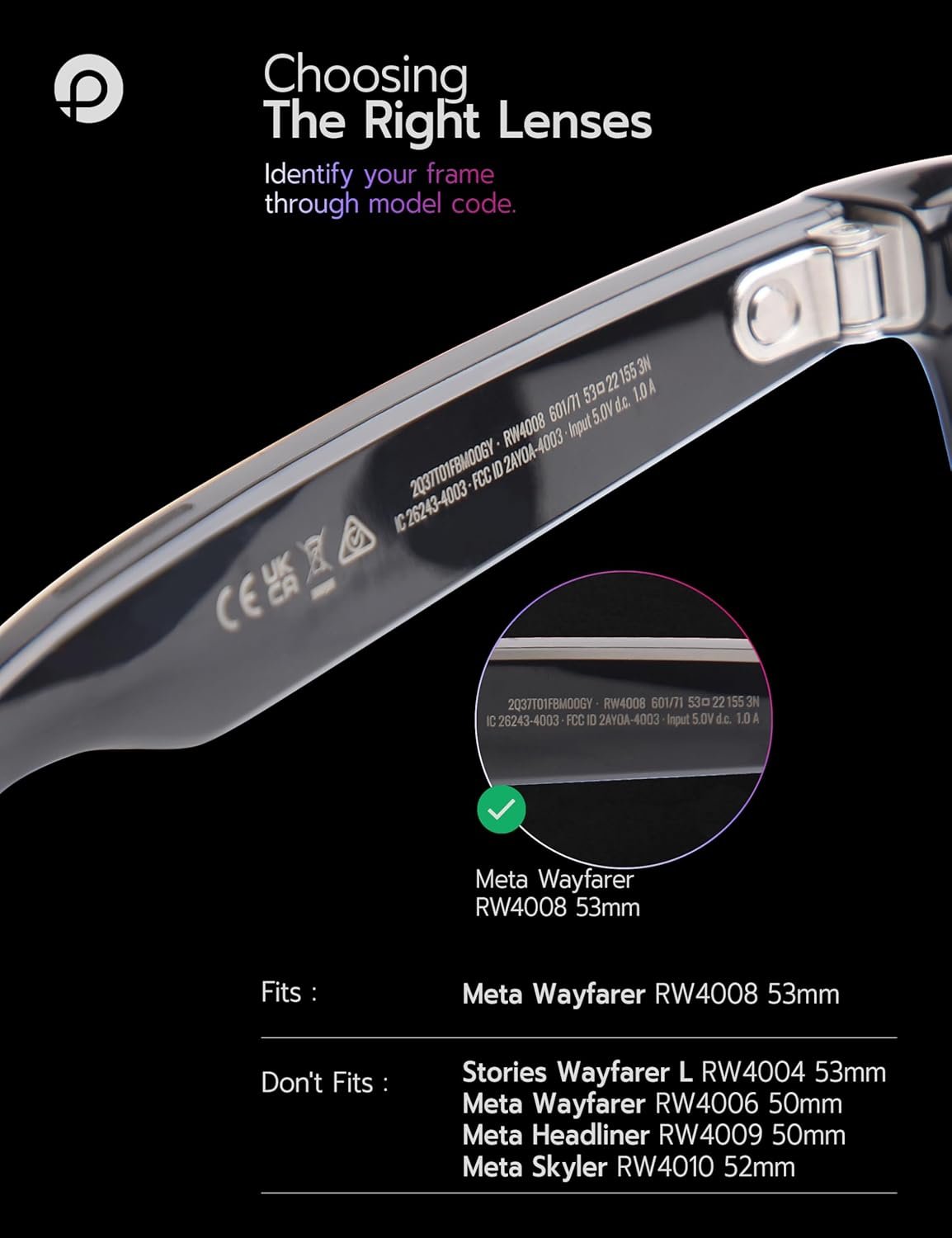 Replacement Lenses for Ray-Ban Meta Wayfarer RW4008 53mm AI Glasses - Photochromic, Anti-Fog & Anti Blue Light Lens - Image 2