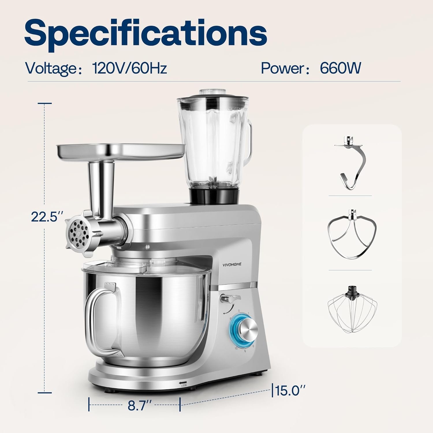 VIVOHOME 6-in-1 Stand Mixer, 8.5 Quart Electric Tilt-Head Kitchen Mixer with Bowl, Multifunctional Food Mixer for Cake, Bread, and Dough, with Meat Grinder, Blender, Pasta Maker Attachments, Silver - Image 7